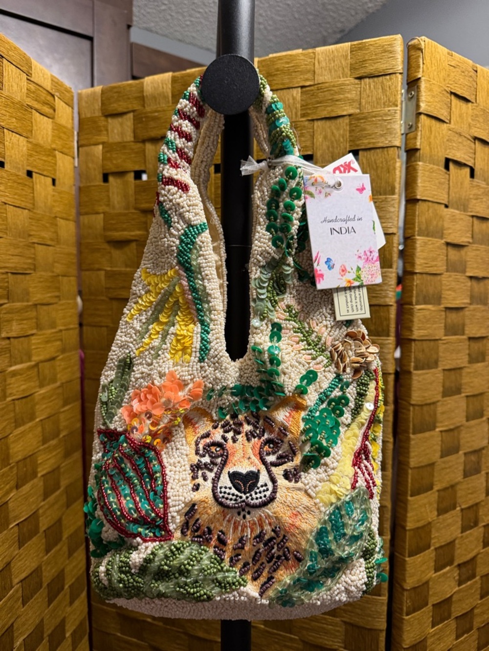 Beaded Leopard Motif Shoulder Bag - Multicolor